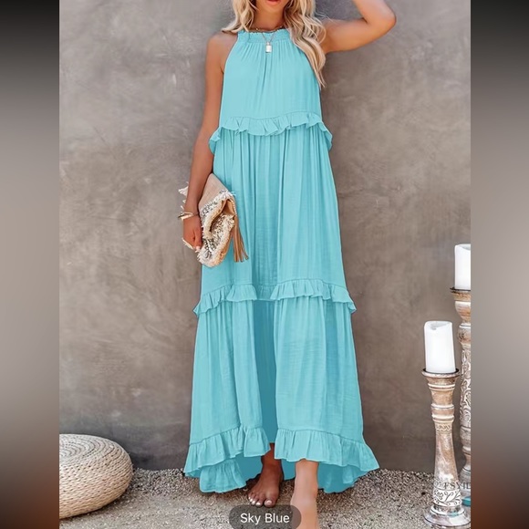 #138 Tiered Ankle Tank Dress, Vocation Backless Halter Neck Dress with Pockets - Picture 7 of 16